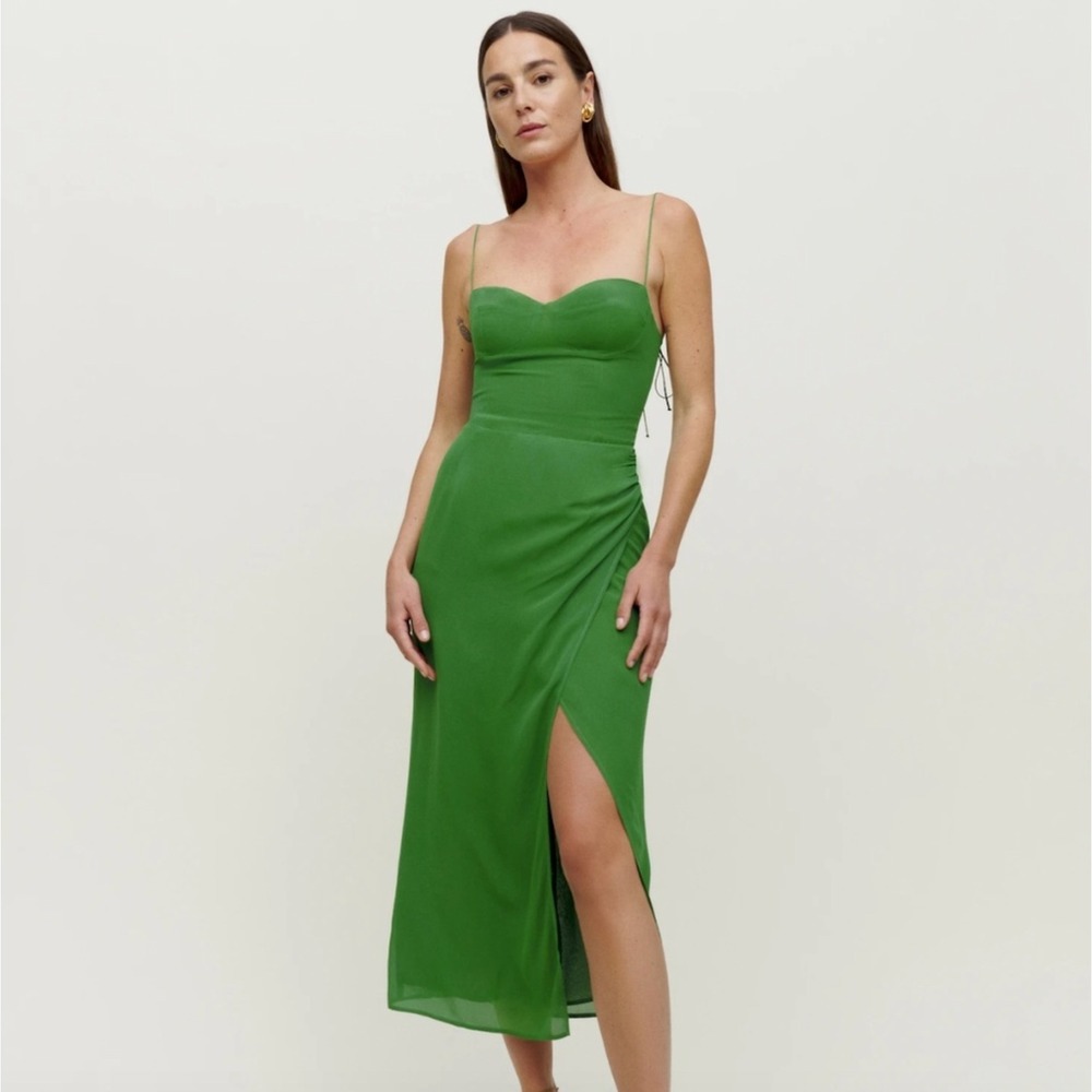Reformation Kourtney Dress Kelly Green Midi Tie Strap Sweetheart Slit Size 2